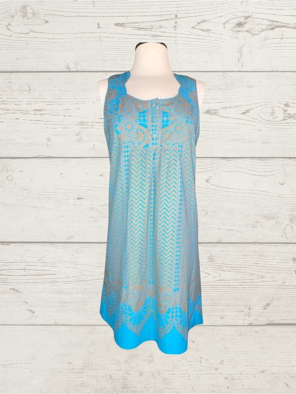 Anna Sui Anthropologie Blue Turquoise Geometric Cotton Shift Dress Sz 4/6 Boho